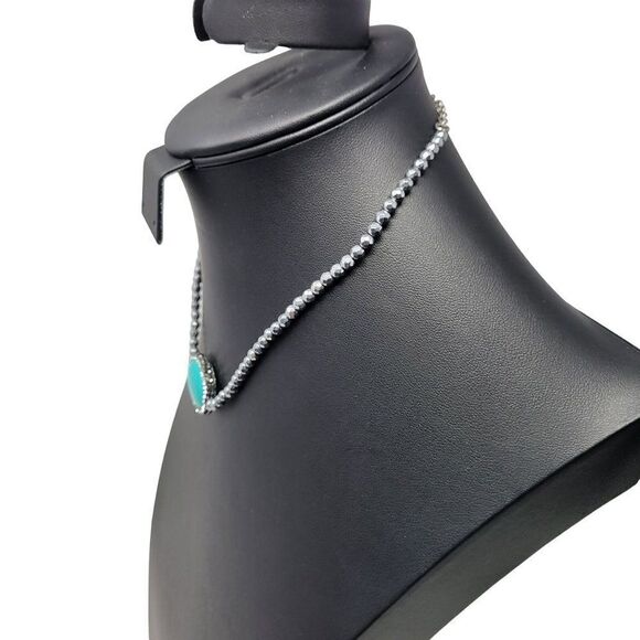 Vintage 90s Signed LUC Silver Bicone Rhinestone Faux Turquoise Oval Pendant Coll - Picture 9 of 13